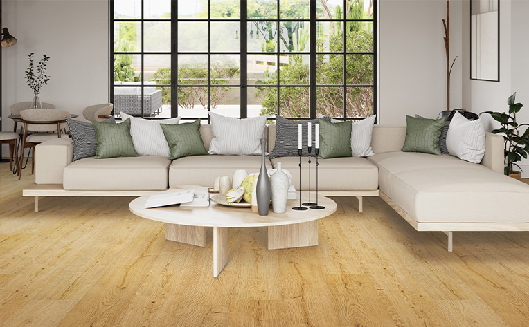 luxury vinyl plank flooring in living room with natural decor