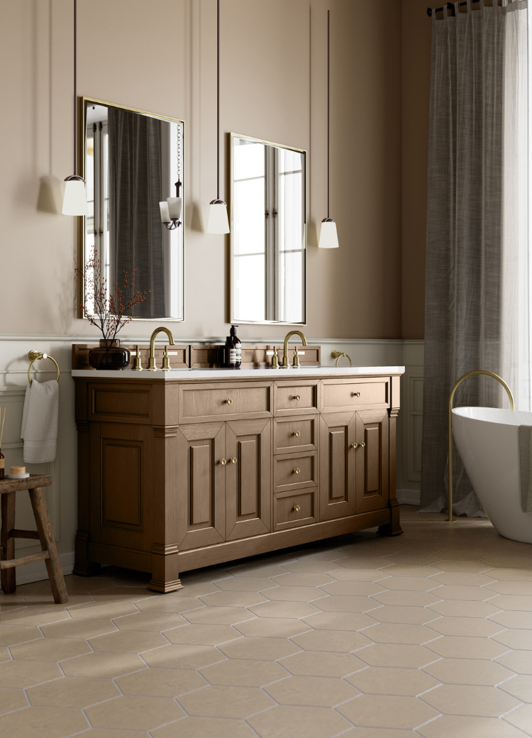 James Martin bathrooom vanity with two sinks, mirrors, and stylish blue cabinetry