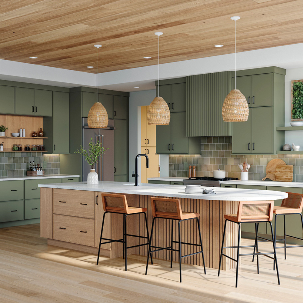 modern kitchen with green cabinetry