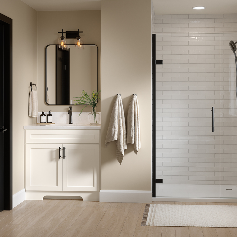 bathroom with a walk-in shower with glass doors